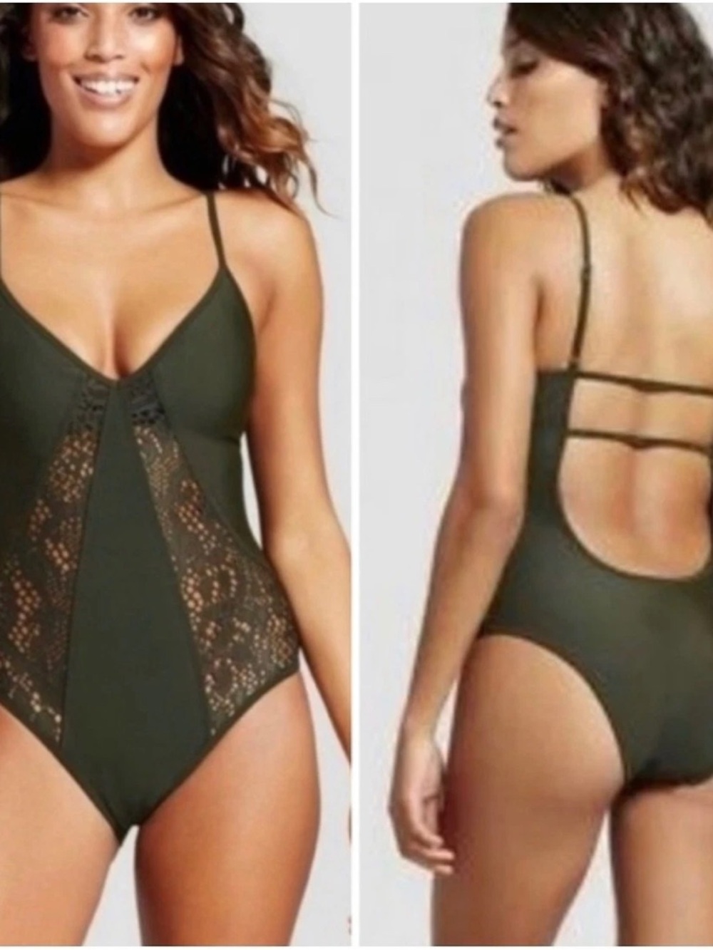 Mossimo Olive Eyelet Crochet Lace Insert One-Piece Boho Swimsuit Women’s Large